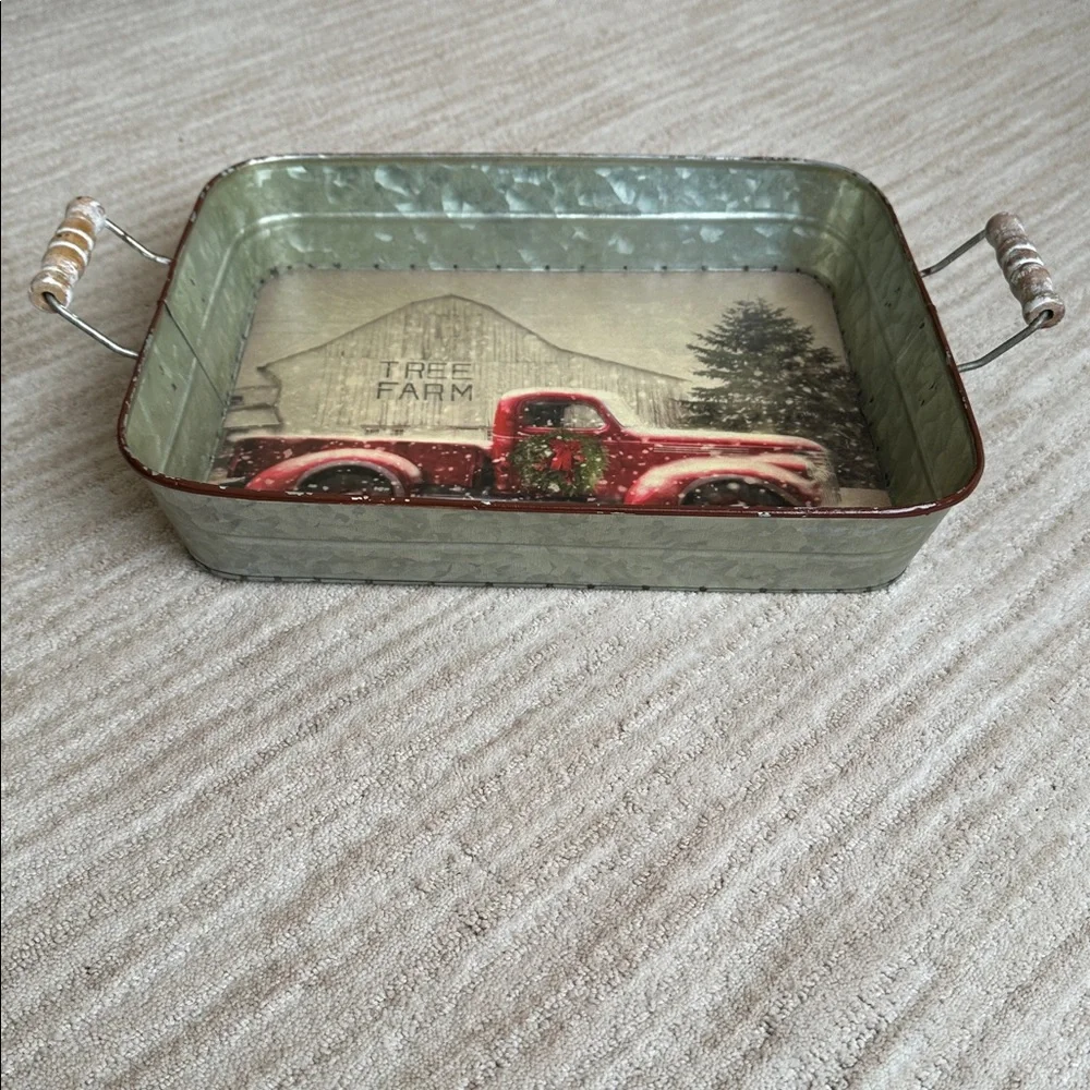 ‘Tree Farm With Truck' Metal Serving Tray with Handles by Lori Deiter, 14” x 11”